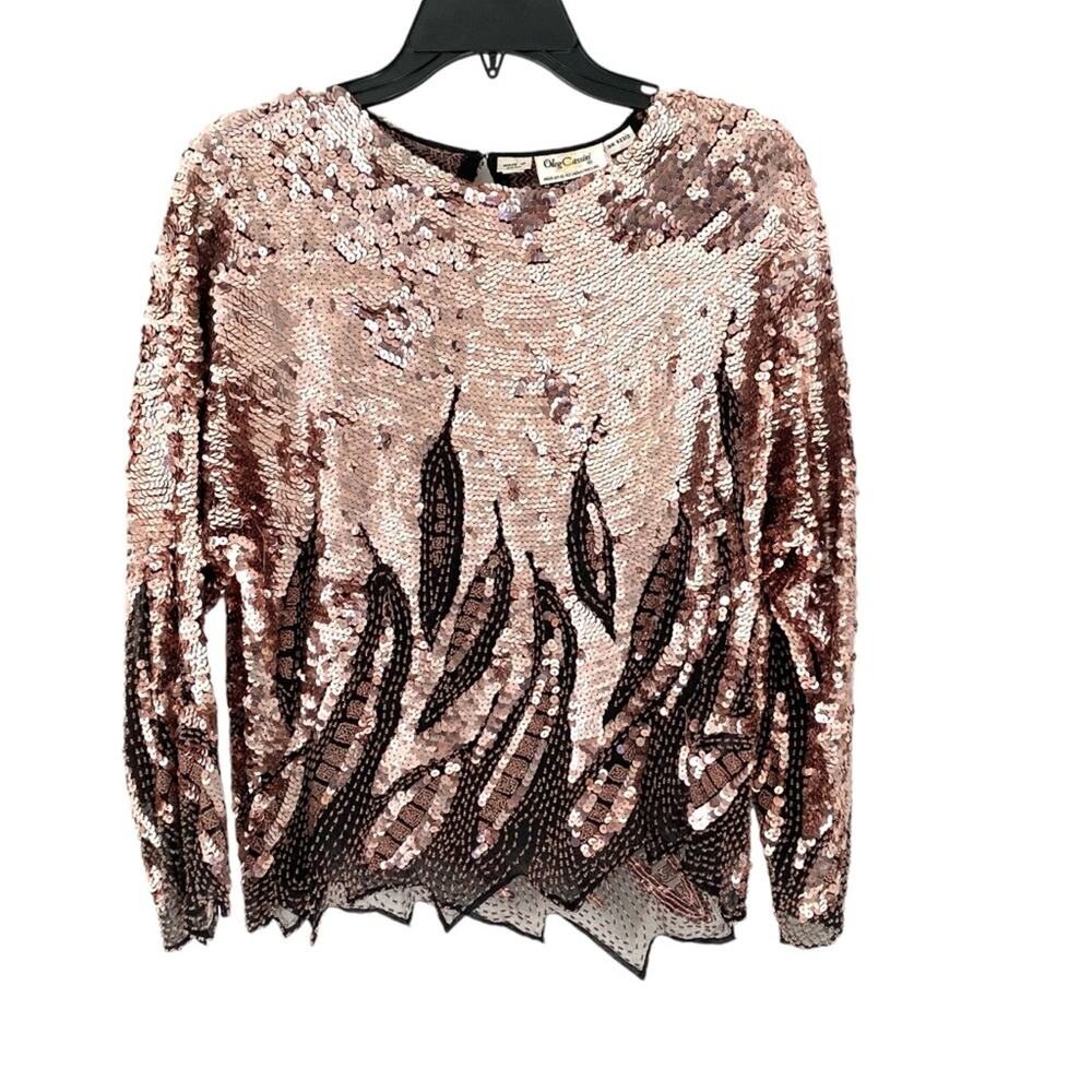 Vintage Oleg Cassini Pink Black Sequin Beaded Blouse zig Zag Hem size small